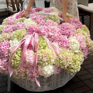 basket of pink white and light green hydrangeas pastel meadow from 1515