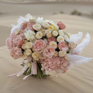 Bouquet of garden roses, garden spray roses and hydrangeas Desert Princess
