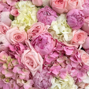 Bouquet of pink and white hydrangeas, pink roses and pink peonies Flora Harmony