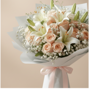 Peach Rose & White Lily Bouquet | Radiates Elegance & Purity